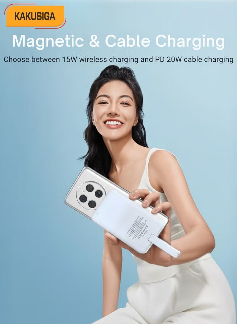 KAKUSIGA باور بانك KSC-1092 سعة 10000mAh مع شحن سريع سلكي 20W PD و شحن لاسلكي MagSafe 15W، كابلات Type-C و Lightning مدمجة، شاحن محمول بحجم الجيب مع مؤشر LED للبطارية — أبيض - Image 3